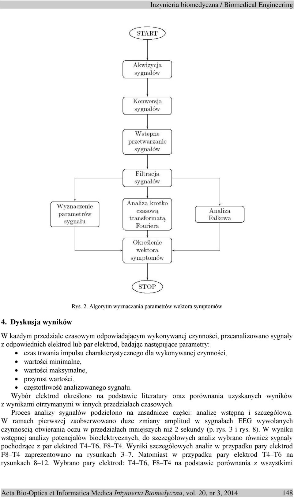 parametry: czas trwania impulsu charakterystycznego dla wykonywanej czynności, wartości minimalne, wartości maksymalne, przyrost wartości, częstotliwość analizowanego sygnału.