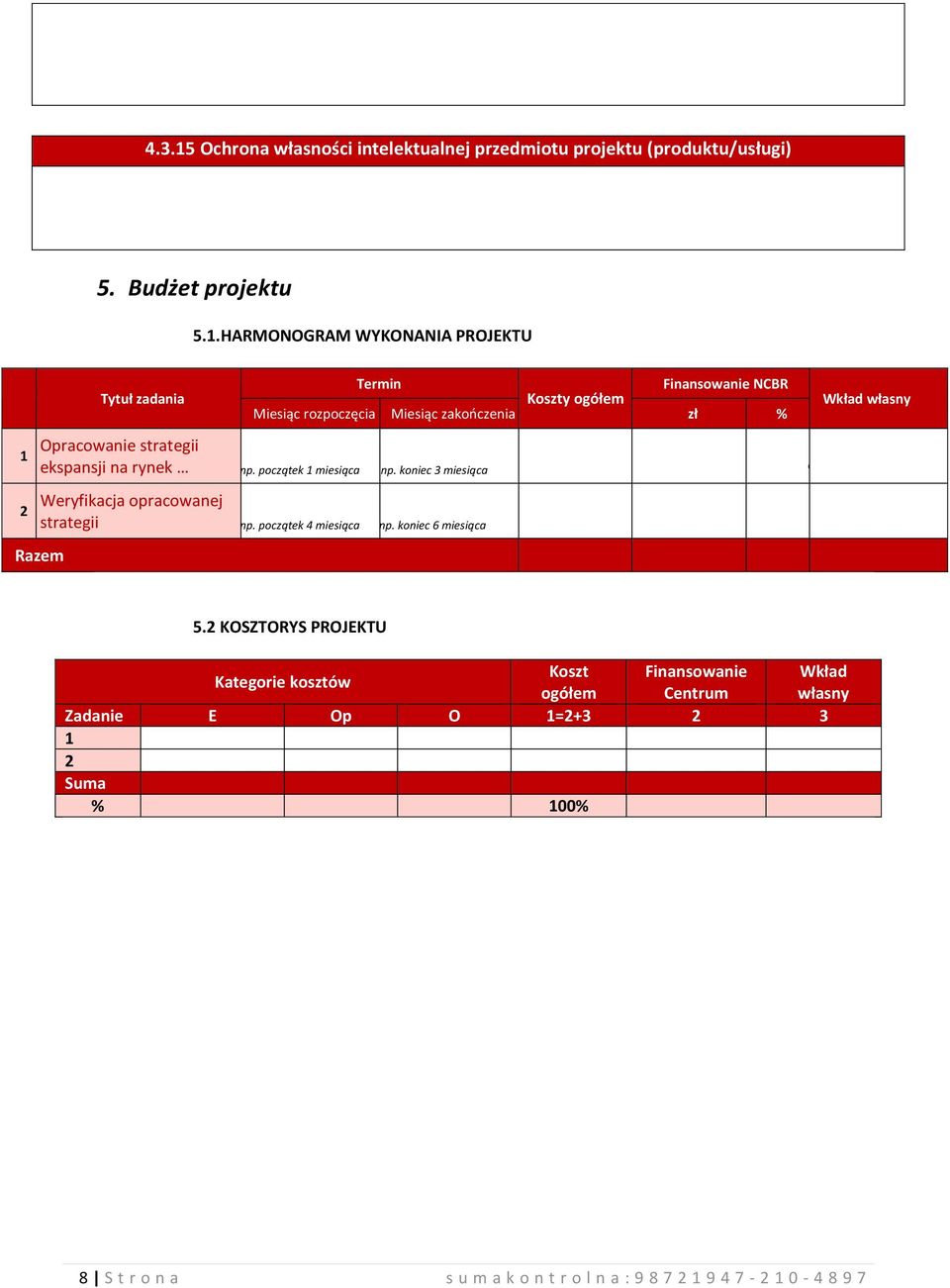 HARMONOGRAM WYKONANIA PROJEKTU 1 2 Tytuł zadania Termin Finansowanie NCBR Koszty ogółem Miesiąc rozpoczęcia Miesiąc zakończenia zł % Opracowanie strategii