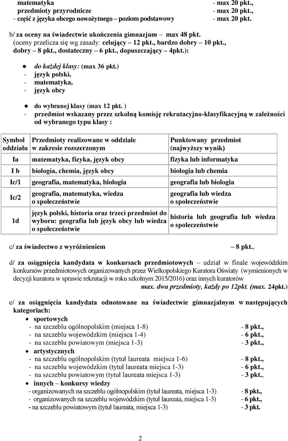 ) - język polski, - matematyka, - język obcy do wybranej klasy (max 12 pkt.