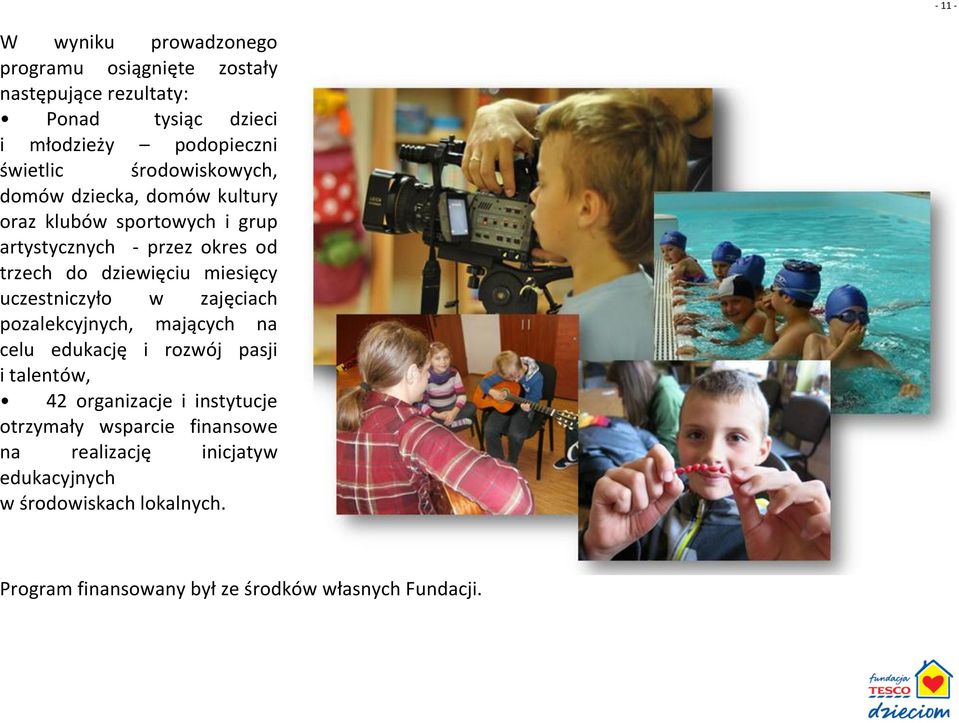miesięcy uczestniczyło w zajęciach pozalekcyjnych, mających na celu edukację i rozwój pasji i talentów, 42 organizacje i instytucje