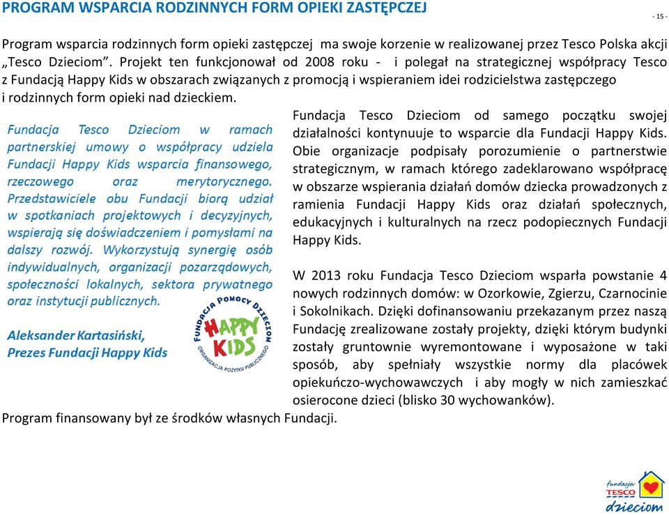 form opieki nad dzieckiem. Fundacja Tesco Dzieciom od samego początku swojej działalności kontynuuje to wsparcie dla Fundacji Happy Kids.