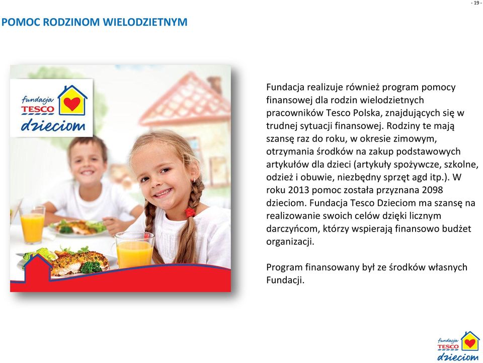 Rodziny te mają szansę raz do roku, w okresie zimowym, otrzymania środków na zakup podstawowych artykułów dla dzieci (artykuły spożywcze, szkolne, odzież i