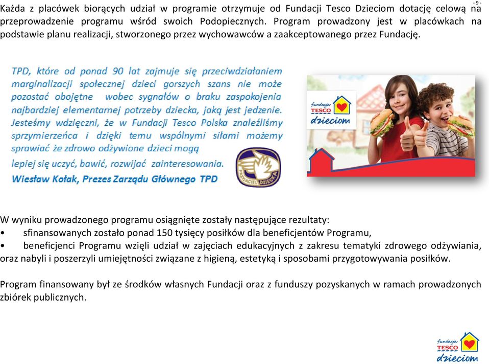 W wyniku prowadzonego programu osiągnięte zostały następujące rezultaty: sfinansowanych zostało ponad 150 tysięcy posiłków dla beneficjentów Programu, beneficjenci Programu wzięli udział w