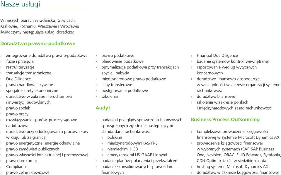 budowlanych prawo spółek prawo pracy rozwiązywanie sporów, procesy sądowe i arbitrażowe doradztwo przy oddelegowaniu pracowników w kraju lub za granicą prawo energetyczne, energie odnawialne prawo