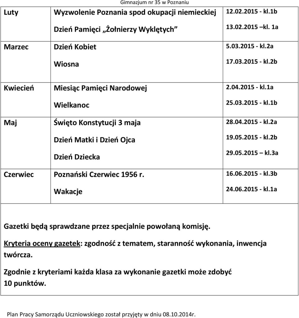 2015 - kl.2b 29.05.2015 kl.3a Czerwiec Poznański Czerwiec 1956 r. Wakacje 16.06.2015 - kl.3b 24.06.2015 - kl.1a Gazetki będą sprawdzane przez specjalnie powołaną komisję.