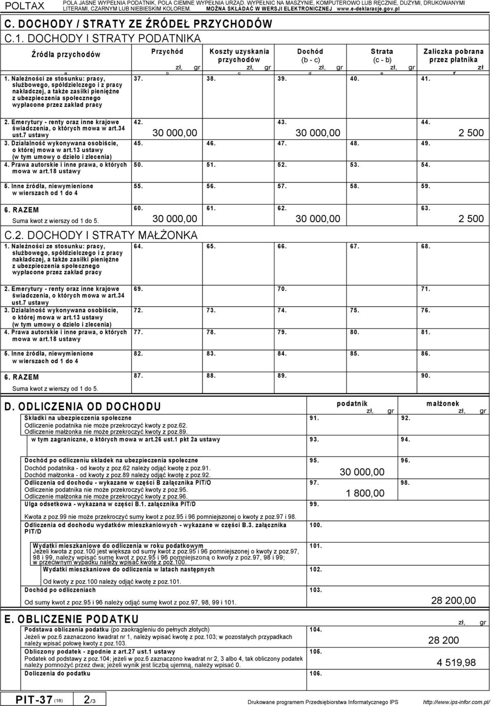 Strata Zaliczka pobrana przychodów (b - c) (c - b) przez płatnika zł a b c d e f 37. 38. 39. 40. 41. 2. Emerytury - renty oraz inne krajowe świadczenia, o których mowa w art.34 ust.7 ustawy 3.