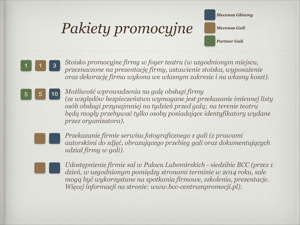 Możliwość wprowadzenia na galę obsługi firmy (ze względów bezpieczeństwa wymagane jest przekazanie imiennej listy osób obsługi przynajmniej na tydzień przed galą; na terenie teatru będą mogły