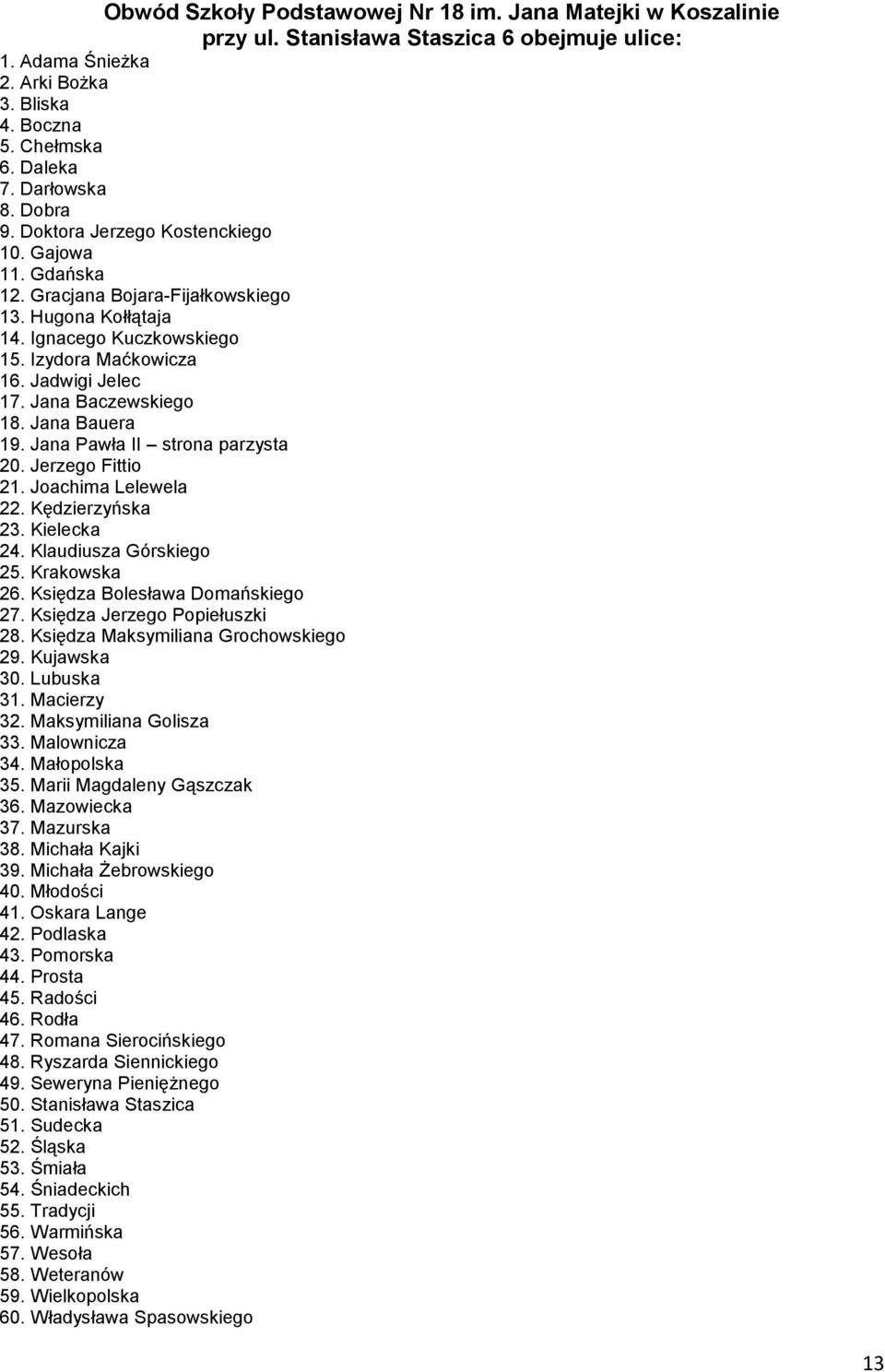 Jana Baczewskiego 18. Jana Bauera 19. Jana Pawła II strona parzysta 20. Jerzego Fittio 21. Joachima Lelewela 22. Kędzierzyńska 23. Kielecka 24. Klaudiusza Górskiego 25. Krakowska 26.