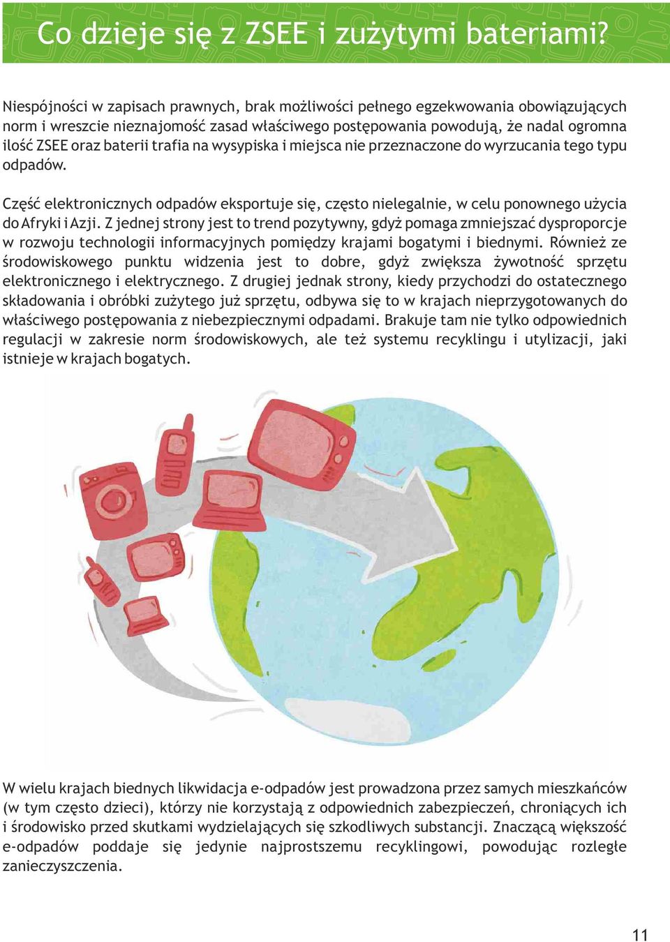 trafia na wysypiska i miejsca nie przeznaczone do wyrzucania tego typu odpadów. Część elektronicznych odpadów eksportuje się, często nielegalnie, w celu ponownego użycia do Afryki i Azji.