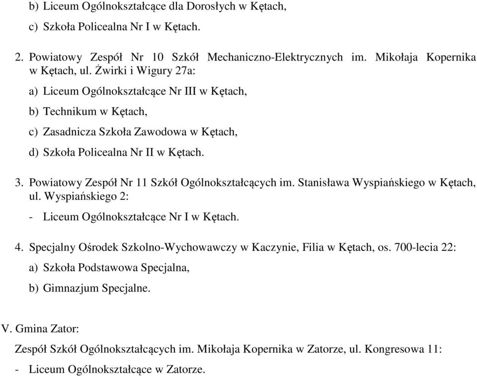 Powiatowy Zespół Nr 11 Szkół Ogólnokształcących im. Stanisława Wyspiańskiego w Kętach, ul. Wyspiańskiego 2: - Liceum Ogólnokształcące Nr I w Kętach. 4.