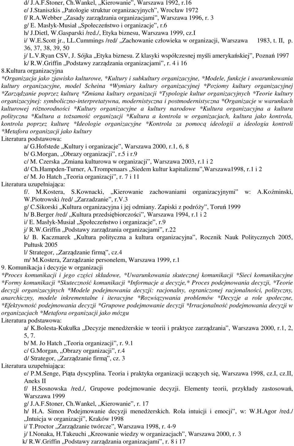 Cummings /red/ Zachowanie człowieka w organizacji, Warszawa 1983, t. II, p. 36, 37, 38, 39, 50 j/ L.V.Ryan CSV, J. Sójka Etyka biznesu. Z klasyki współczesnej myśli amerykańskiej, Poznań 1997 k/ R.W.Griffin Podstawy zarządzania organizacjami, r.