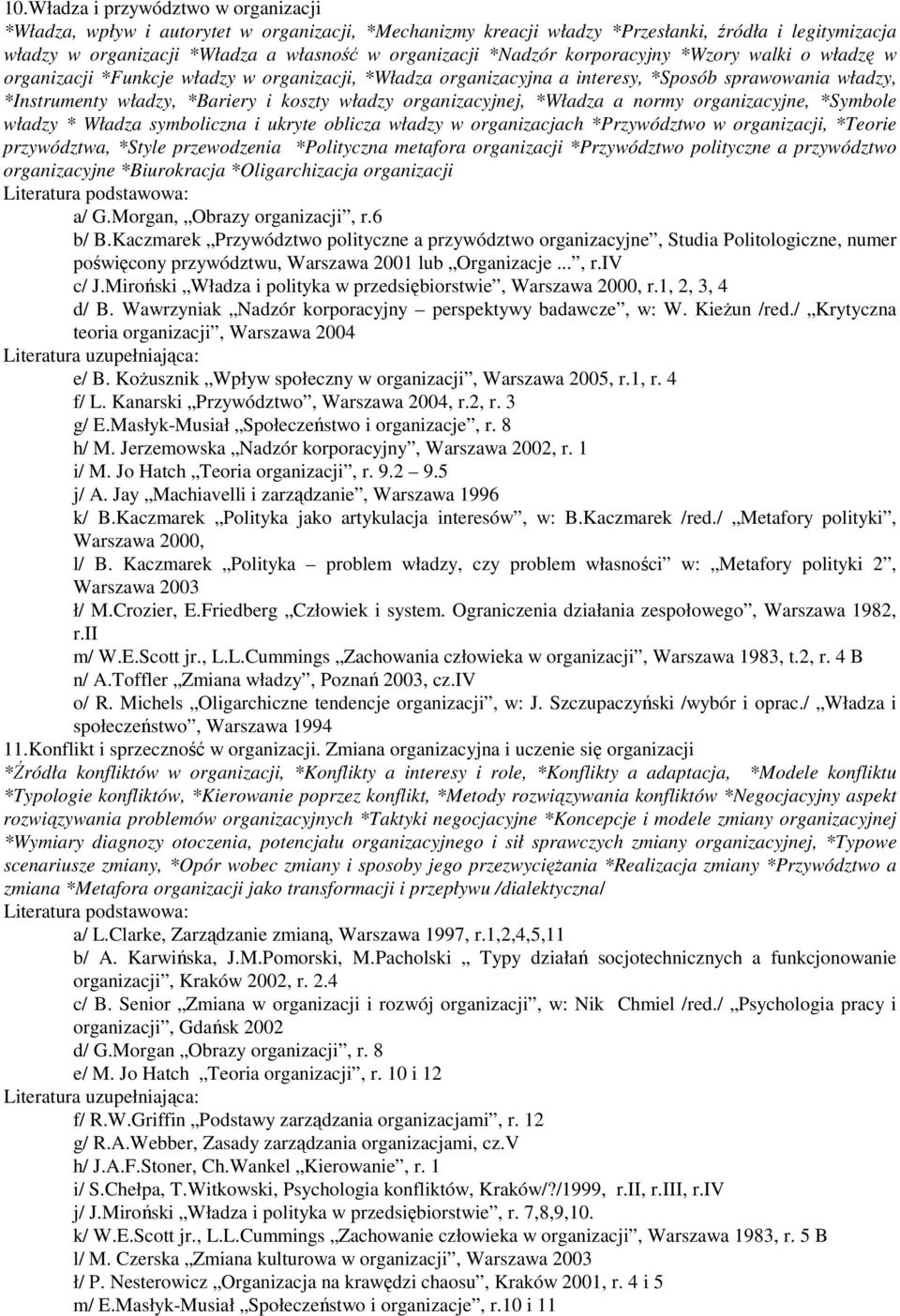 organizacyjnej, *Władza a normy organizacyjne, *Symbole władzy * Władza symboliczna i ukryte oblicza władzy w organizacjach *Przywództwo w organizacji, *Teorie przywództwa, *Style przewodzenia