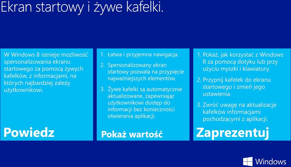 Żywe kafelki są automatycznie aktualizowane, zapewniając użytkownikowi dostęp do informacji bez konieczności otwierania aplikacji. 1.