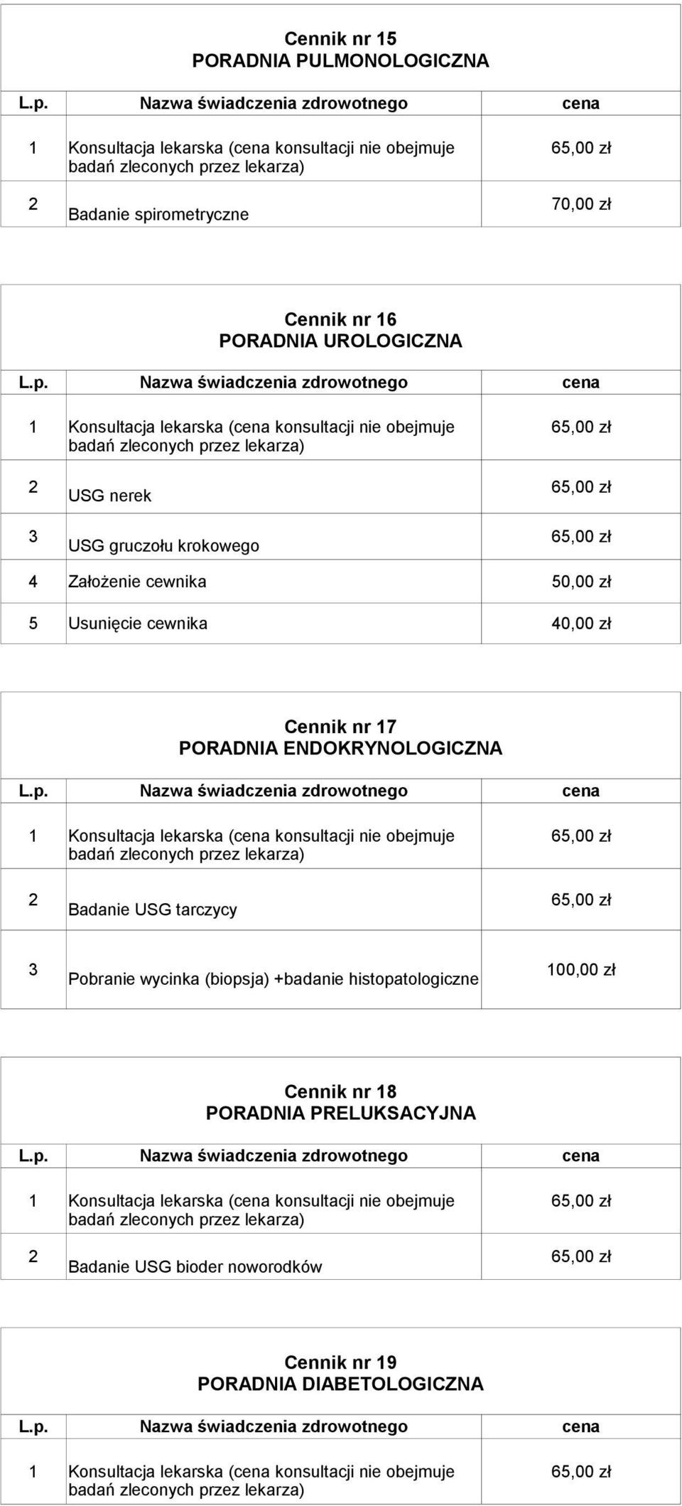 Konsultacja lekarska ( konsultacji nie obejmuje badań zleconych przez lekarza) Badanie USG tarczycy 00,00 zł Pobranie wycinka (biopsja) +badanie histopatologiczne Cennik nr 8 PORADNIA PRELUKSACYJNA