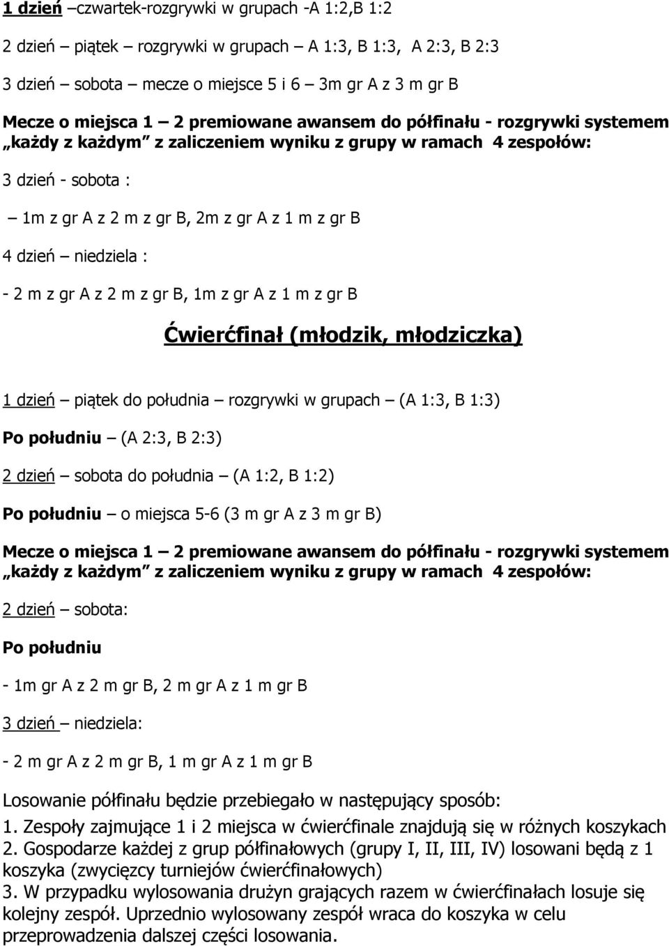 z gr A z 2 m z gr B, 1m z gr A z 1 m z gr B Ćwierćfinał (młodzik, młodziczka) 1 dzień piątek do południa rozgrywki w grupach (A 1:3, B 1:3) Po południu (A 2:3, B 2:3) 2 dzień sobota do południa (A