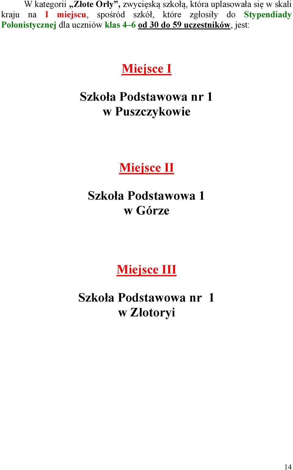 klas 4 6 od 30 do 59 uczestników, jest: Miejsce I Szkoła Podstawowa nr 1 w