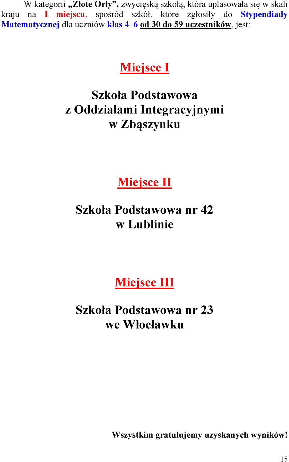 Miejsce I Szkoła Podstawowa z Oddziałami Integracyjnymi w Zbąszynku Miejsce II Szkoła Podstawowa nr 42