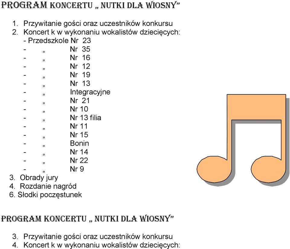 Integracyjne - Nr 21 - Nr 10 - Nr 13 filia - Nr 11 - Nr 15 - Bonin - Nr 14 - Nr 22 - Nr 9 3. Obrady jury 4.