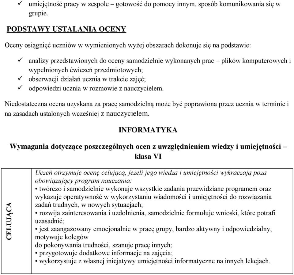 wypełnionych ćwiczeń przedmiotowych; obserwacji działań ucznia w trakcie zajęć; odpowiedzi ucznia w rozmowie z nauczycielem.