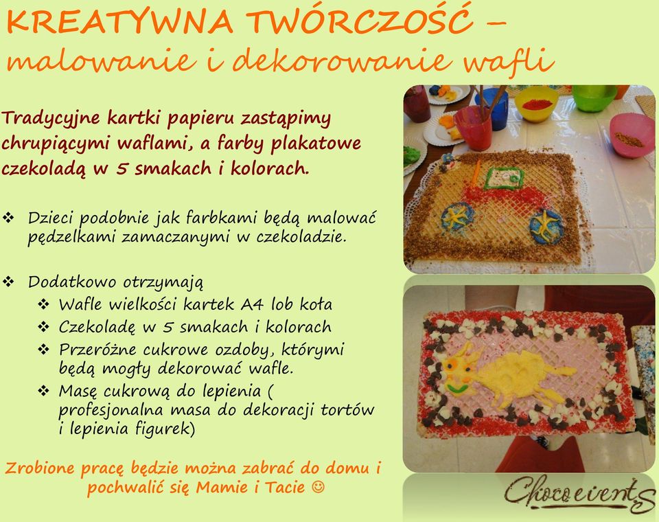 Dodatkowo otrzymają Wafle wielkości kartek A4 lob koła Czekoladę w 5 smakach i kolorach Przeróżne cukrowe ozdoby, którymi będą mogły
