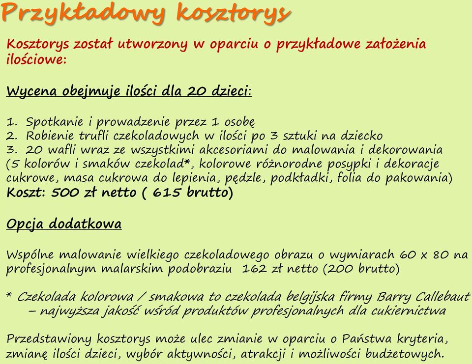 20 wafli wraz ze wszystkimi akcesoriami do malowania i dekorowania (5 kolorów i smaków czekolad*, kolorowe różnorodne posypki i dekoracje cukrowe, masa cukrowa do lepienia, pędzle, podkładki, folia