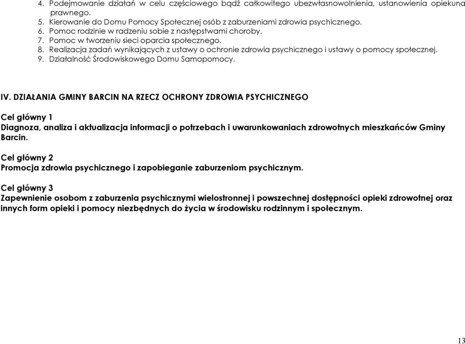 Realizacja zadań wynikających z ustawy o ochronie zdrowia psychicznego i ustawy o pomocy społecznej. 9. Działalność Środowiskowego Domu Samopomocy. IV.