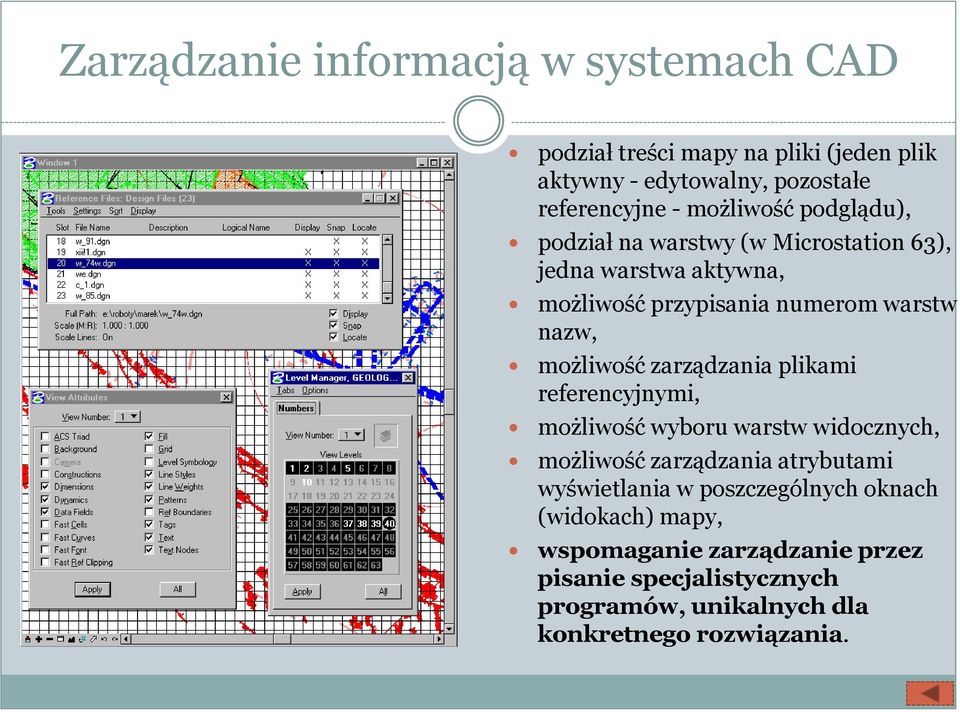 możliwość zarządzania plikami referencyjnymi, możliwość wyboru warstw widocznych, możliwość zarządzania atrybutami wyświetlania w