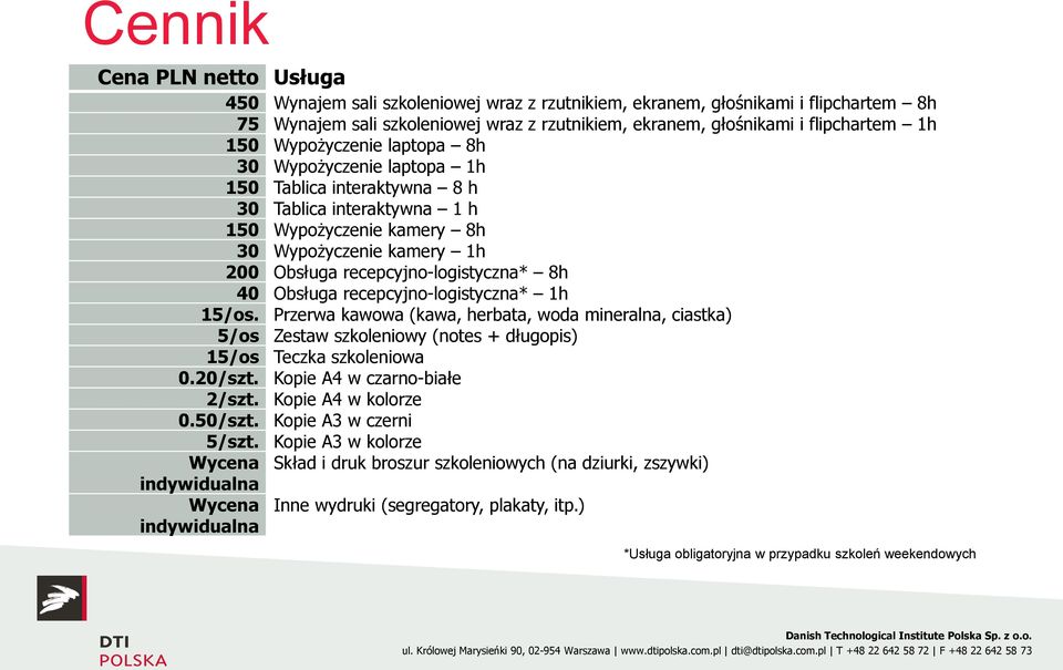 recepcyjno-logistyczna* 8h 40 Obsługa recepcyjno-logistyczna* 1h 15/os. Przerwa kawowa (kawa, herbata, woda mineralna, ciastka) 5/os Zestaw szkoleniowy (notes + długopis) 15/os Teczka szkoleniowa 0.