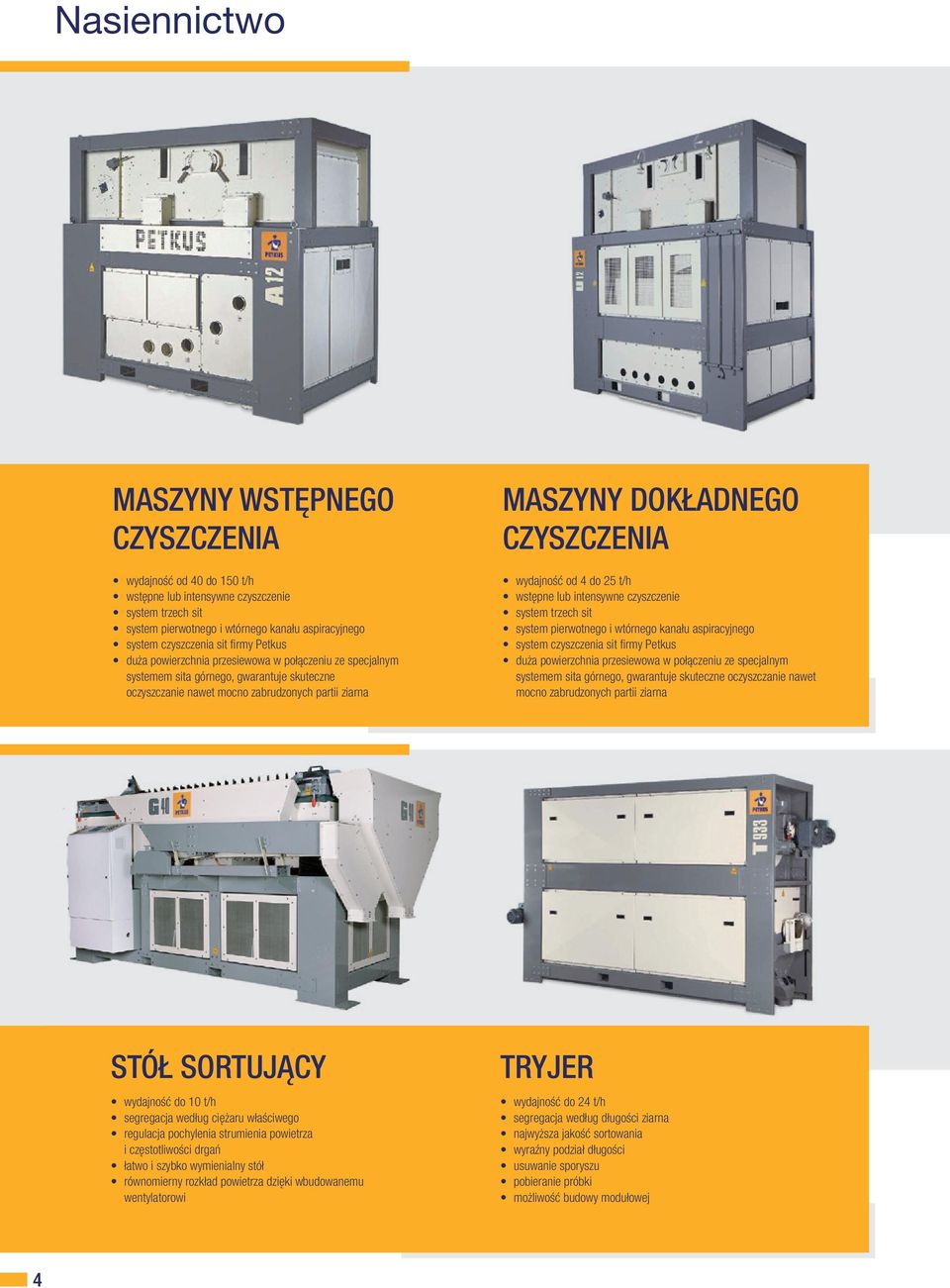 wydajność od 4 do 25 t/h wstępne lub intensywne czyszczenie system trzech sit system pierwotnego i wtórnego kanału aspiracyjnego system czyszczenia sit fi rmy Petkus duża powierzchnia przesiewowa w