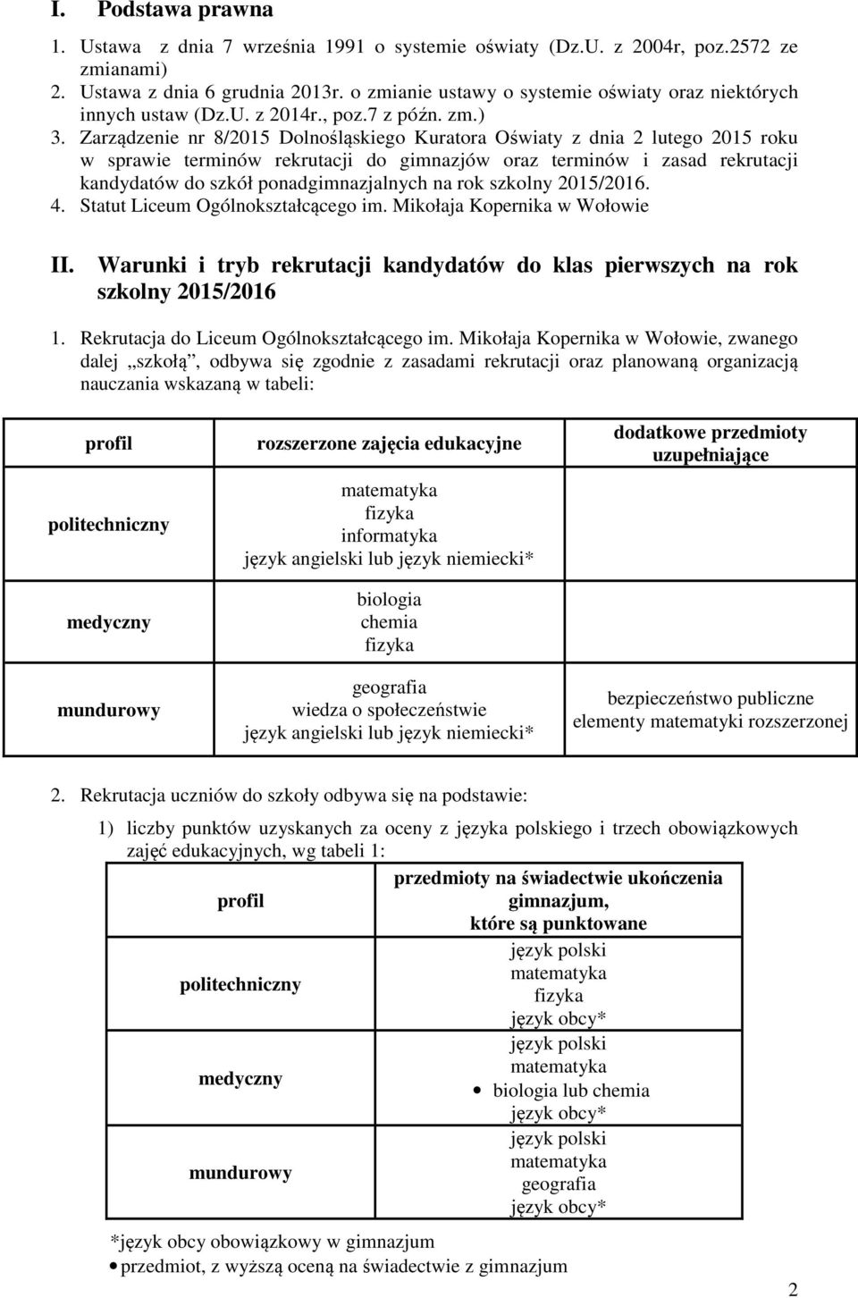 Zarządzenie nr 8/2015 Dolnośląskiego Kuratora Oświaty z dnia 2 lutego 2015 roku w sprawie terminów rekrutacji do gimnazjów oraz terminów i zasad rekrutacji kandydatów do szkół ponadgimnazjalnych na