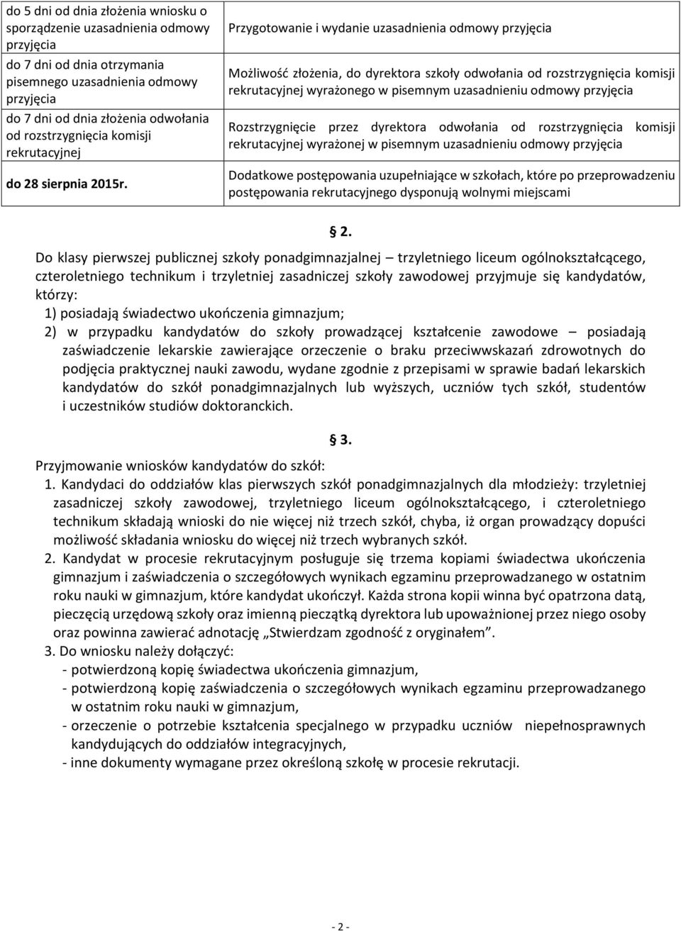 Przygotowanie i wydanie uzasadnienia odmowy przyjęcia Możliwość złożenia, do dyrektora szkoły odwołania od rozstrzygnięcia komisji rekrutacyjnej wyrażonego w pisemnym uzasadnieniu odmowy przyjęcia