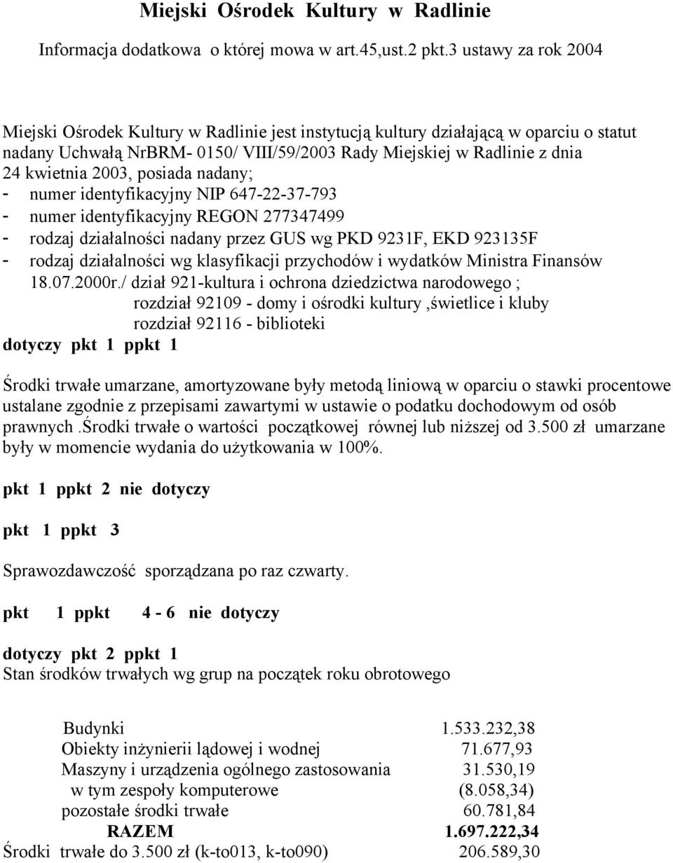 2003, posiada nadany; - numer identyfikacyjny NIP 647-22-37-793 - numer identyfikacyjny REGON 277347499 - rodzaj działalności nadany przez GUS wg PKD 9231F, EKD 923135F - rodzaj działalności wg