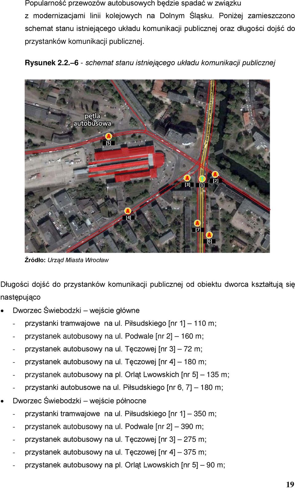 . 6 - schemat stanu istniejącego układu komunikacji publicznej Źródło: Urząd Miasta Wrocław Długości dojść do przystanków komunikacji publicznej od obiektu dworca kształtują się następująco Dworzec
