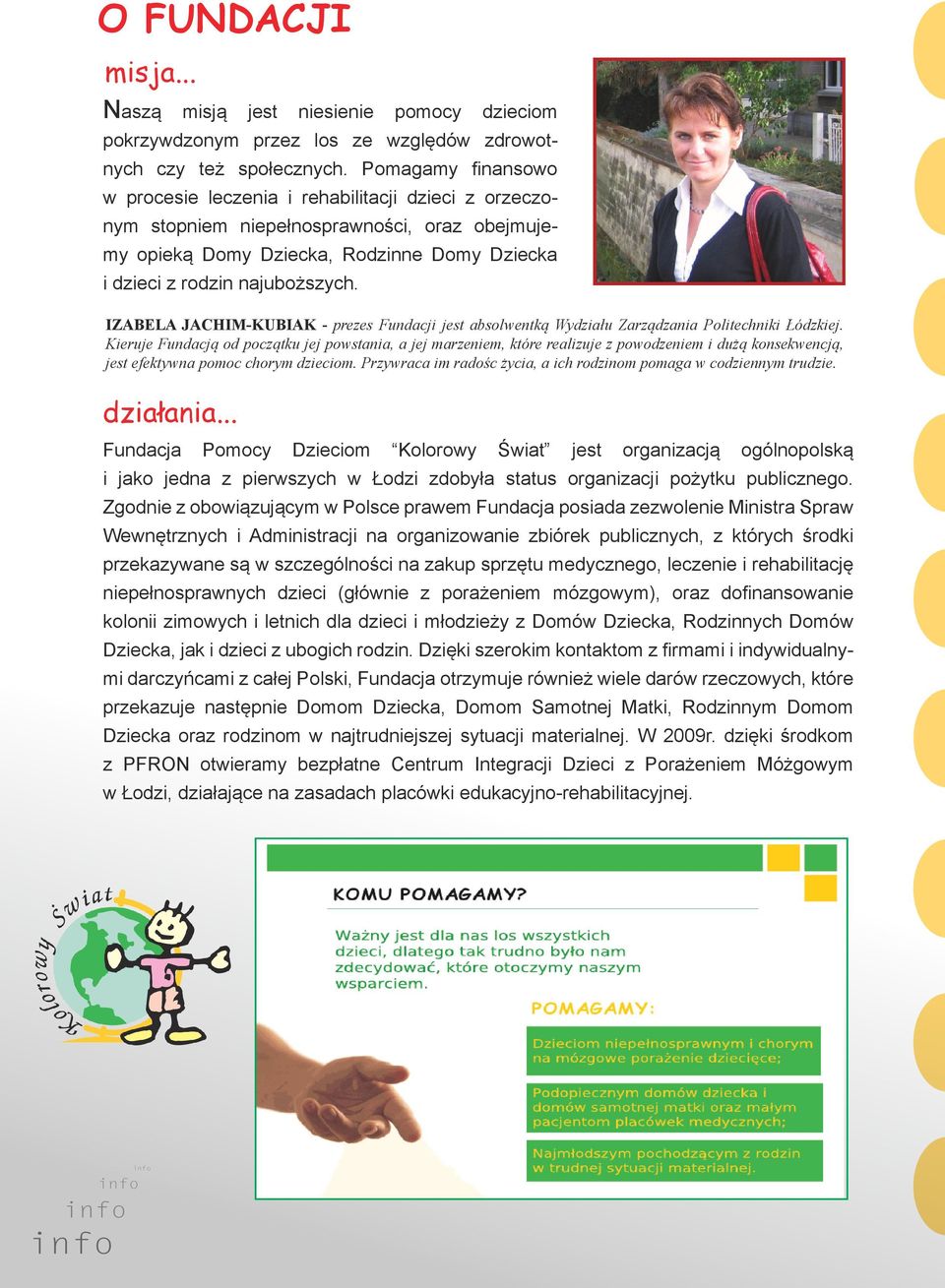 IZABELA JACHIM-KUBIAK - prezes Fundacji jest absolwentką Wydziału Zarządzania Politechniki Łódzkiej.