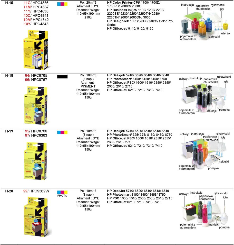 6520/ 6540/ 6548/ 6840 HP PhotoSmart/ 8150/ 8450/ 8458/ 8750 HP OfficeJet PSC/ 1600/ 1610/ 2350/ 2355/ 2608/ 2610/ 2710 HP OfficeJet/ 6210/ 7210/ 7310/ 7410 H-19 95/ HPC8766 97/ HPC9363 Poj: 10ml*3