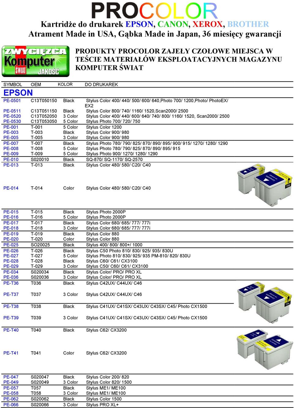 740/ 1160/ 1520,Scan2000/ 2500 PE-0520 C13T052050 3 Color Stylus Color 400/ 440/ 600/ 640/ 740/ 800/ 1160/ 1520, Scan2000/ 2500 PE-0530 C13T053050 5 Color Stylus Photo 700/ 720/ 750 PE-001 T-001 5