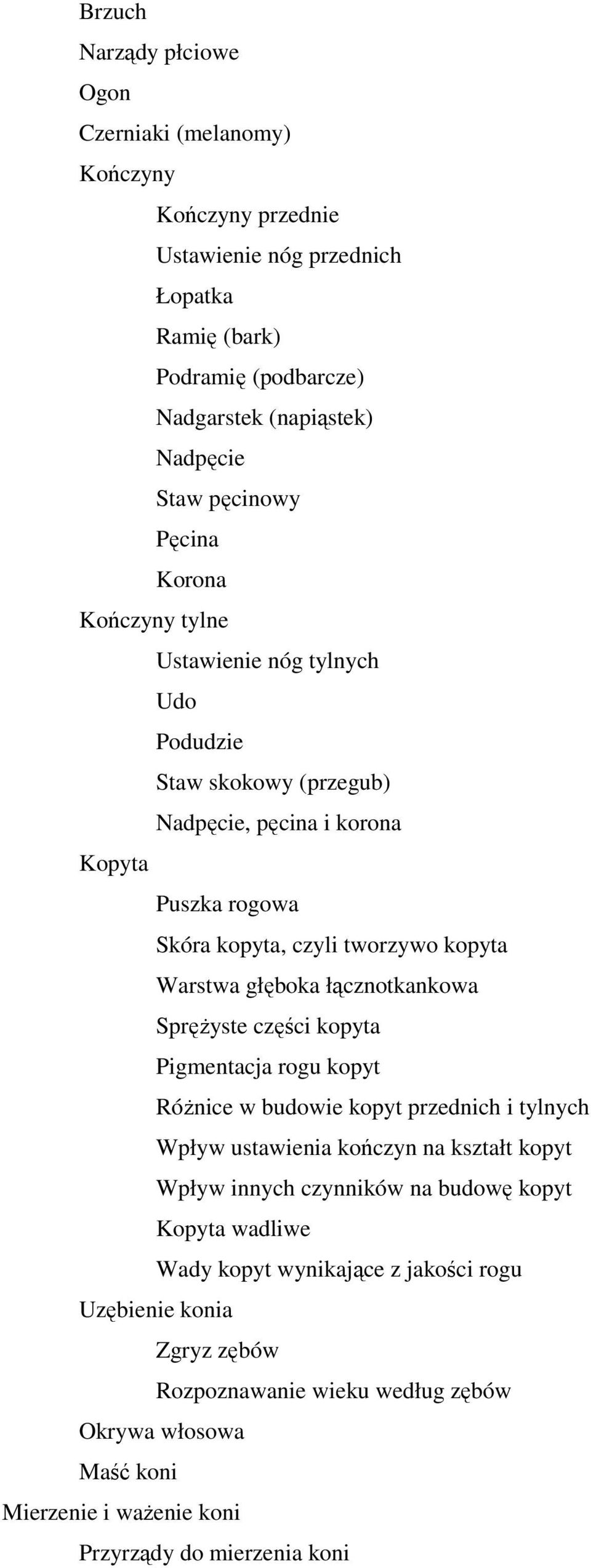 łącznotkankowa SpręŜyste części kopyta Pigmentacja rogu kopyt RóŜnice w budowie kopyt przednich i tylnych Wpływ ustawienia kończyn na kształt kopyt Wpływ innych czynników na budowę kopyt