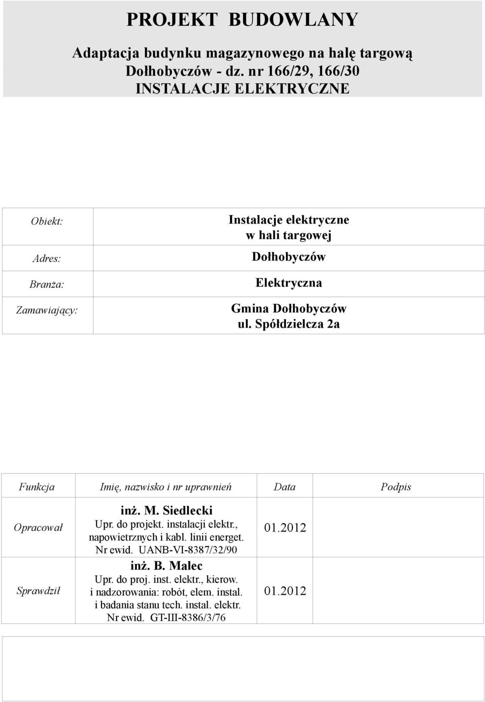Dołhobyczów ul. Spółdzielcza 2a Funkcja Imię, nazwisko i nr uprawnień Data Podpis Opracował Sprawdził inż. M. Siedlecki Upr. do projekt. instalacji elektr.