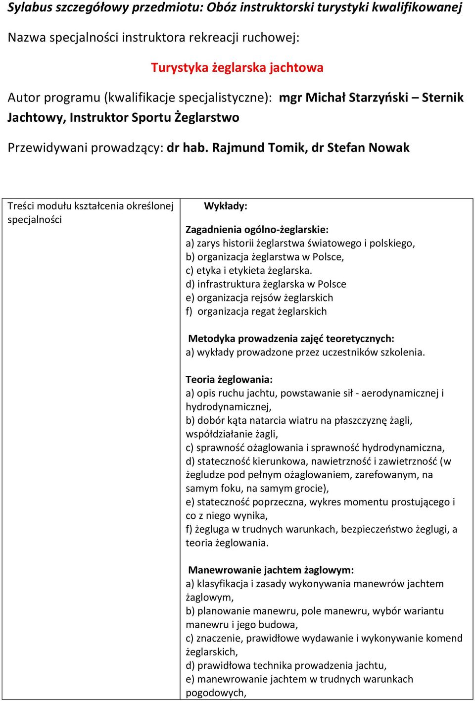 Rajmund Tomik, dr Stefan Nowak Treści modułu kształcenia określonej specjalności Wykłady: Zagadnienia ogólno-żeglarskie: a) zarys historii żeglarstwa światowego i polskiego, b) organizacja żeglarstwa