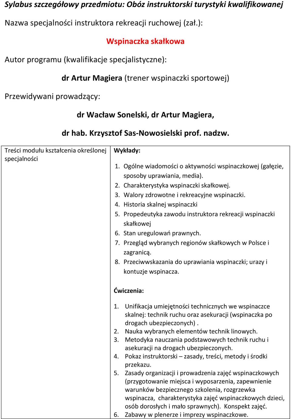 Krzysztof Sas-Nowosielski prof. nadzw. Treści modułu kształcenia określonej specjalności Wykłady: 1. Ogólne wiadomości o aktywności wspinaczkowej (gałęzie, sposoby uprawiania, media). 2.