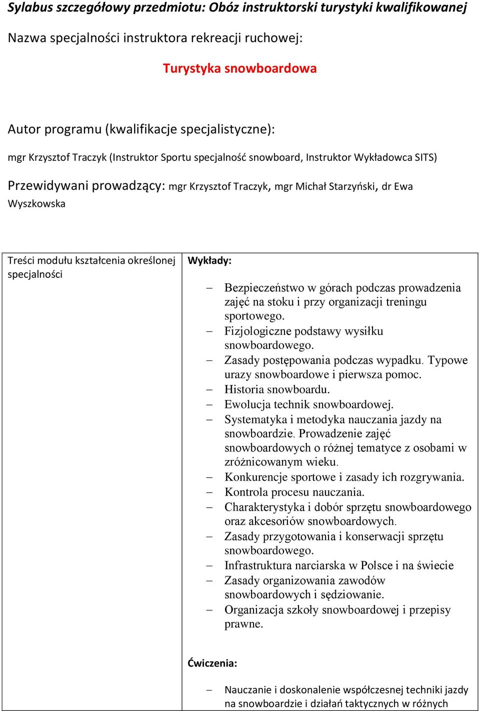 kształcenia określonej specjalności Wykłady: Bezpieczeństwo w górach podczas prowadzenia zajęć na stoku i przy organizacji treningu sportowego. Fizjologiczne podstawy wysiłku snowboardowego.