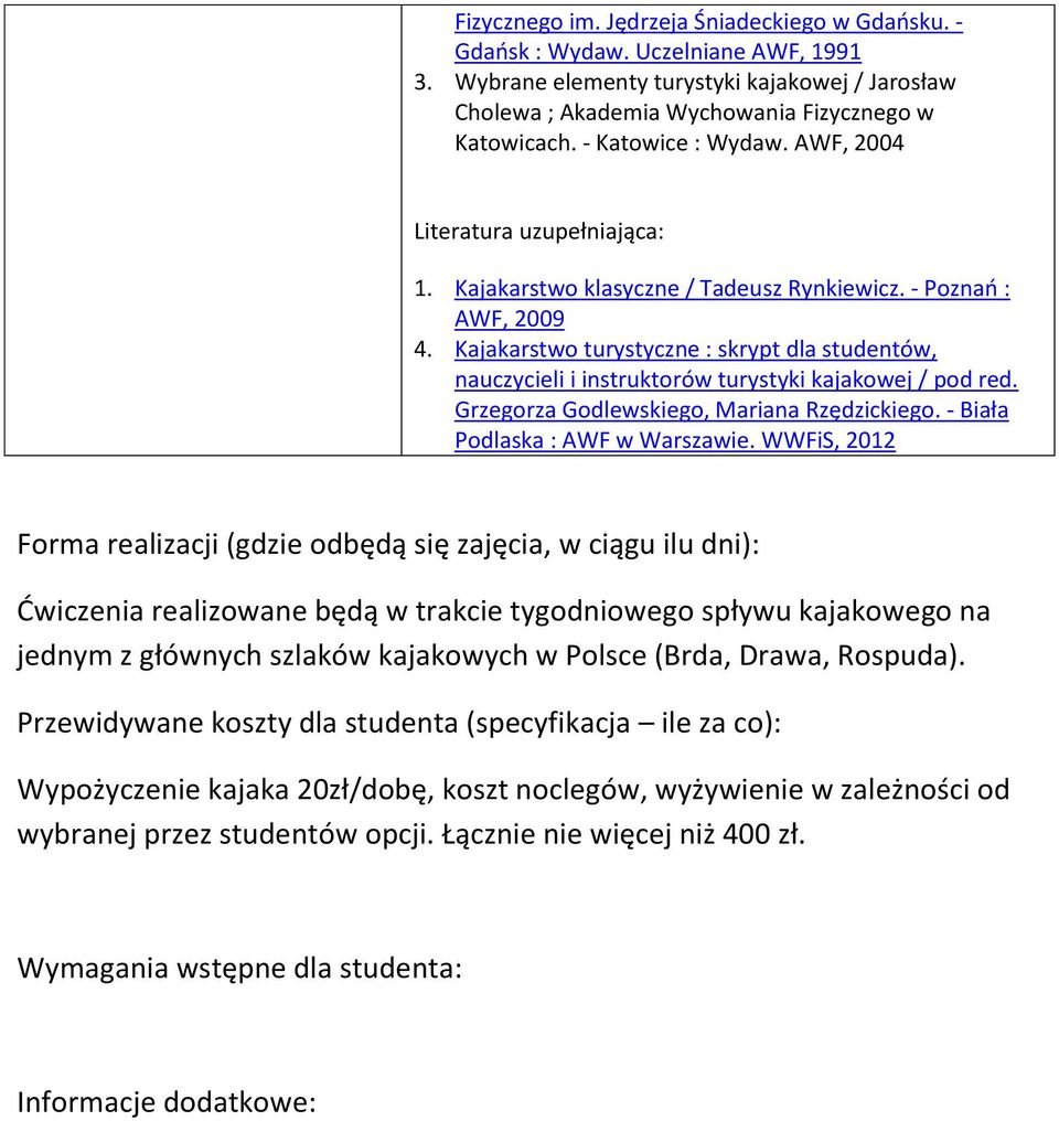 Kajakarstwo turystyczne : skrypt dla studentów, nauczycieli i instruktorów turystyki kajakowej / pod red. Grzegorza Godlewskiego, Mariana Rzędzickiego. - Biała Podlaska : AWF w Warszawie.