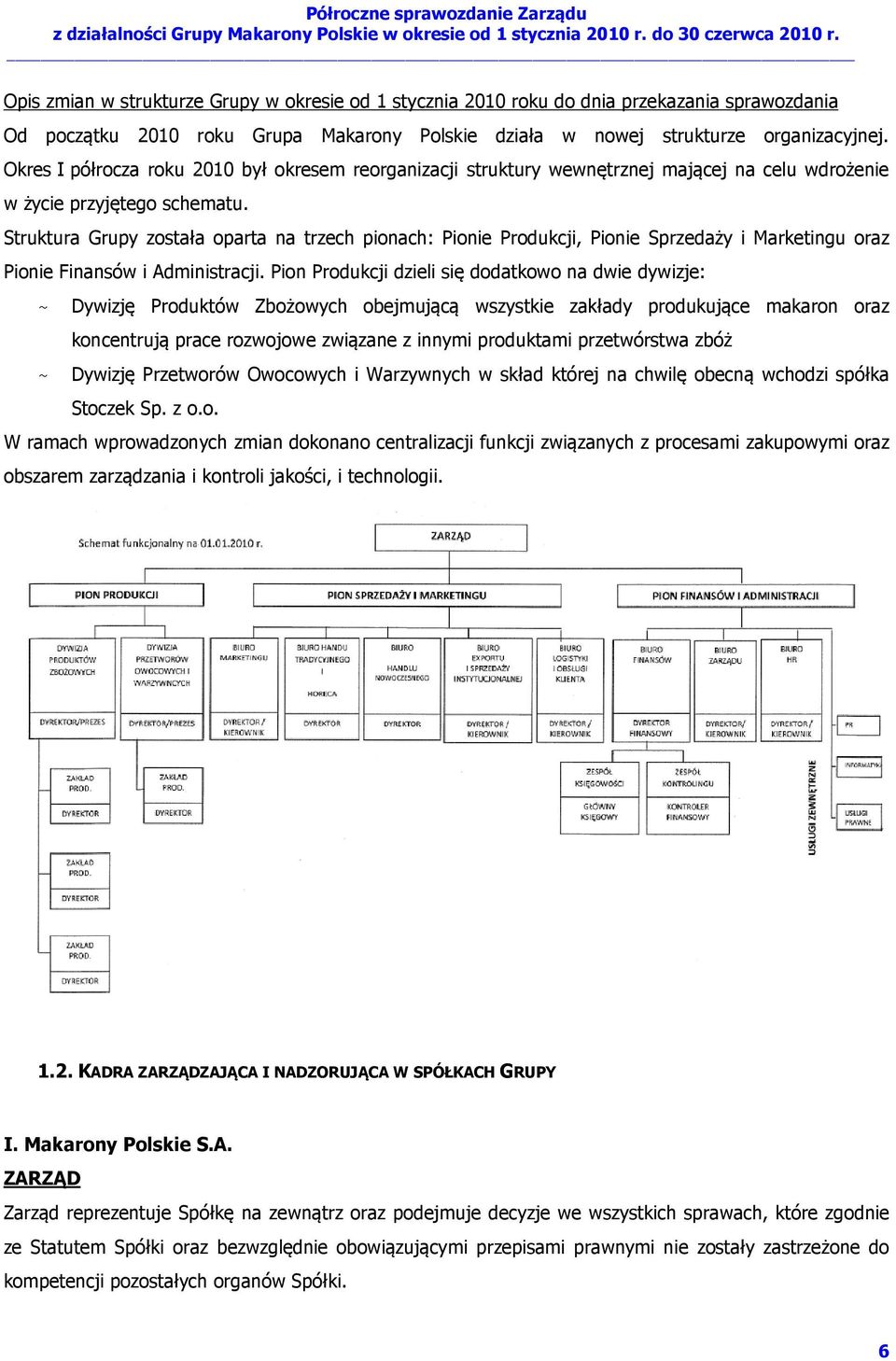 Struktura Grupy została oparta na trzech pionach: Pionie Produkcji, Pionie Sprzedaży i Marketingu oraz Pionie Finansów i Administracji.