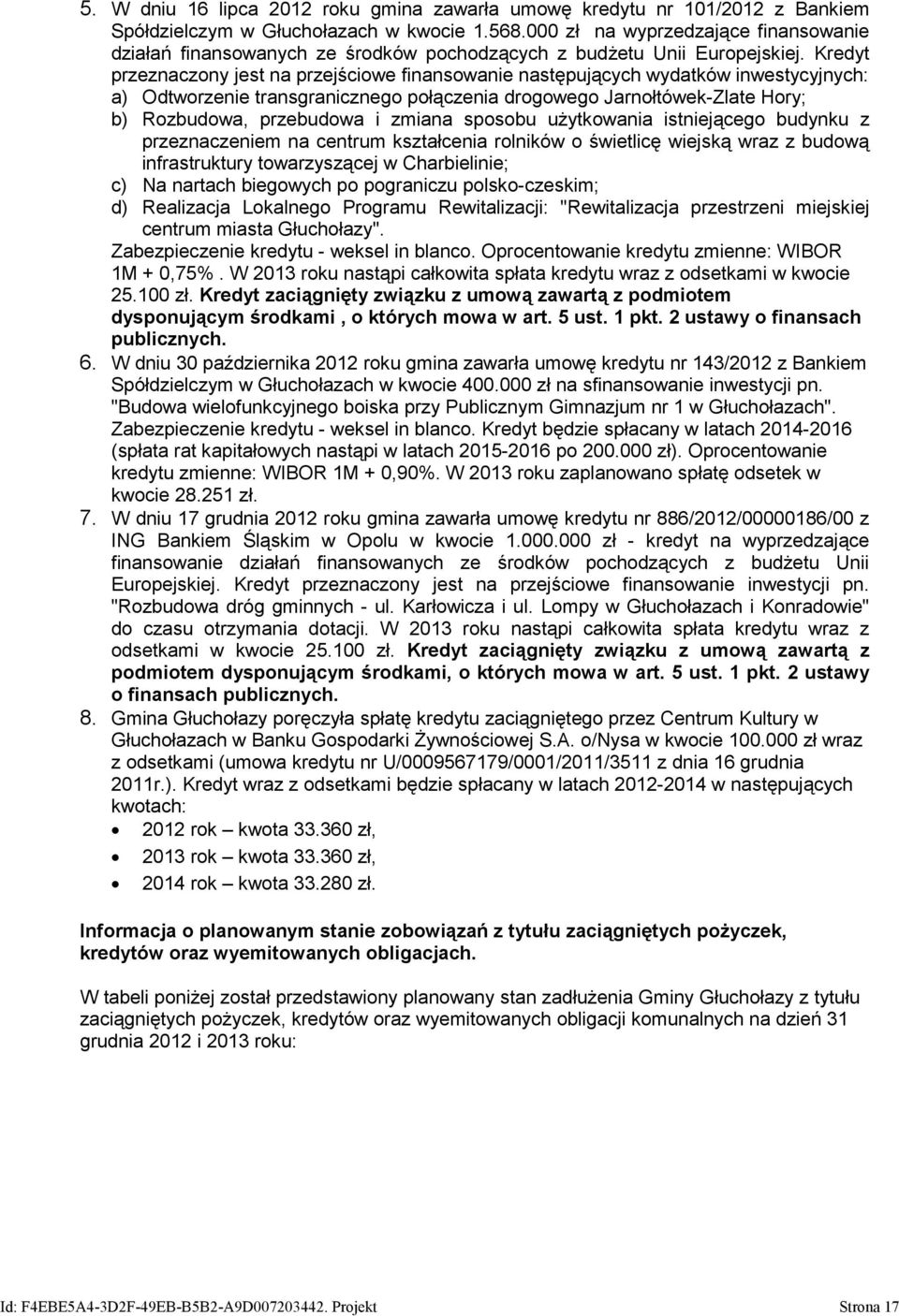 Kredyt przeznaczony jest na przejściowe finansowanie następujących wydatków inwestycyjnych: a) Odtworzenie transgranicznego połączenia drogowego Jarnołtówek-Zlate Hory; b) Rozbudowa, przebudowa i