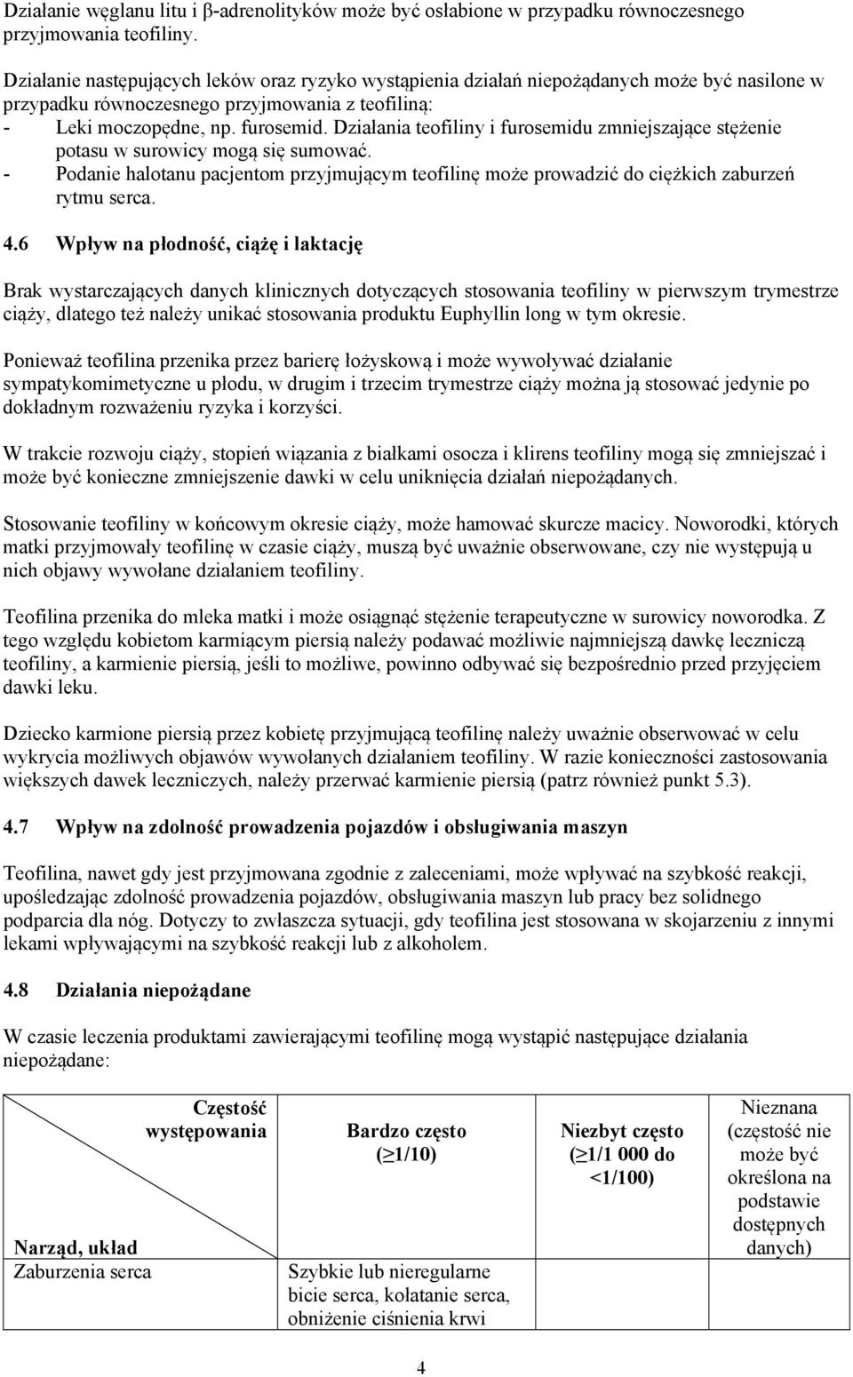 Działania teofiliny i furosemidu zmniejszające stężenie potasu w surowicy mogą się sumować. - Podanie halotanu pacjentom przyjmującym teofilinę może prowadzić do ciężkich zaburzeń rytmu serca. 4.