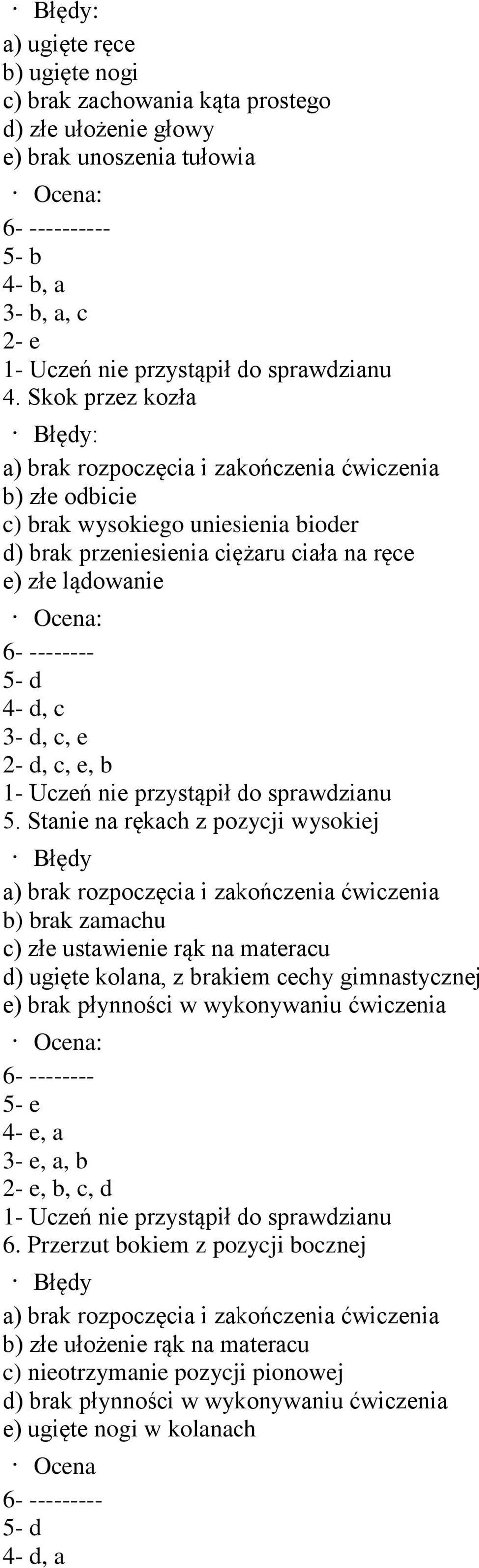 Skok przez kozła Błędy: a) brak rozpoczęcia i zakończenia ćwiczenia b) złe odbicie c) brak wysokiego uniesienia bioder d) brak przeniesienia ciężaru ciała na ręce e) złe lądowanie Ocena: 6- --------