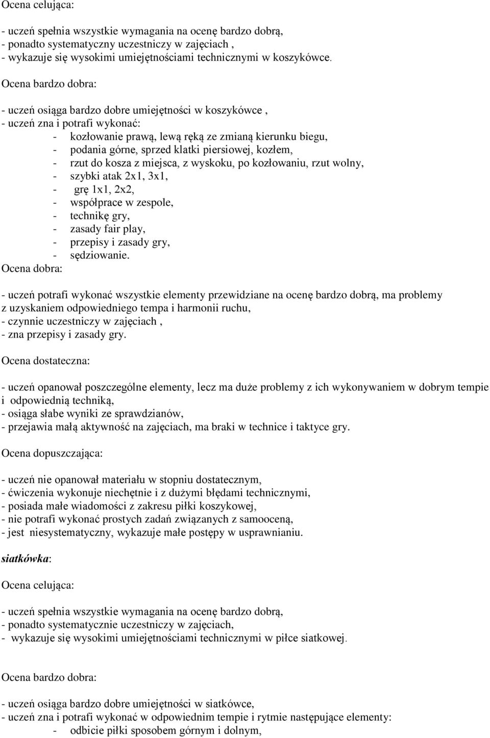 do kosza z miejsca, z wyskoku, po kozłowaniu, rzut wolny, - szybki atak 2x1, 3x1, - grę 1x1, 2x2, - współprace w zespole, - technikę gry, - zasady fair play, - przepisy i zasady gry, - sędziowanie.