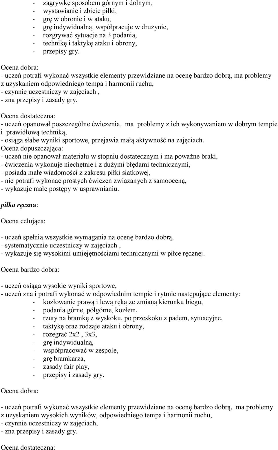 - uczeń opanował poszczególne ćwiczenia, ma problemy z ich wykonywaniem w dobrym tempie i prawidłową techniką, - osiąga słabe wyniki sportowe, przejawia małą aktywność na zajęciach.