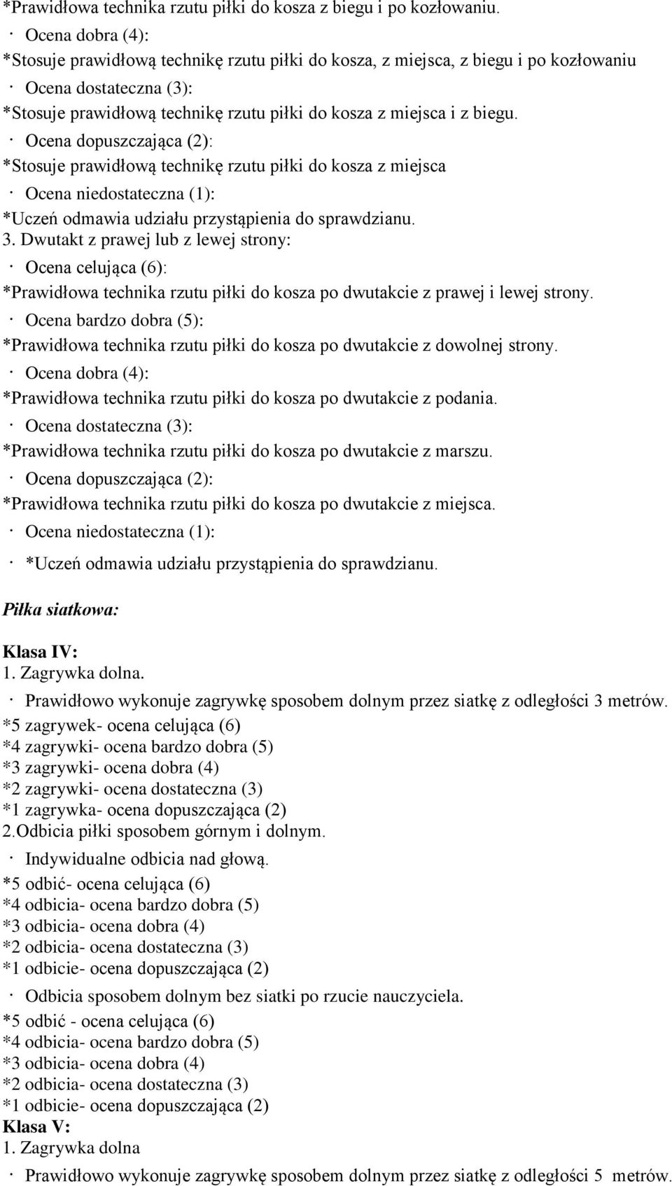 Ocena dopuszczająca (2): *Stosuje prawidłową technikę rzutu piłki do kosza z miejsca Ocena niedostateczna (1): *Uczeń odmawia udziału przystąpienia do sprawdzianu. 3.