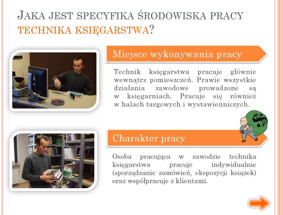 Prawie wszystkie działania zawodowe prowadzone są w księgarniach.
